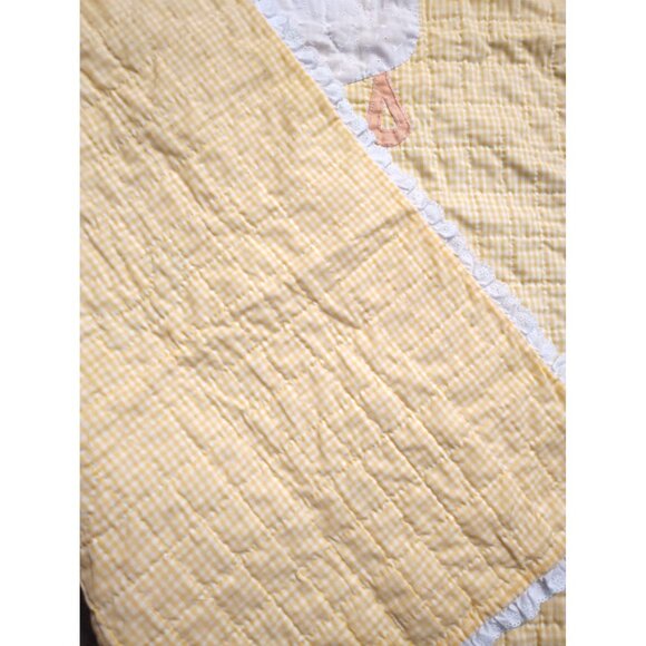 Handmade Vintage Baby Blanket, Yellow Gingham Bunny Rabbit Easter Spring Lace - Picture 3 of 3